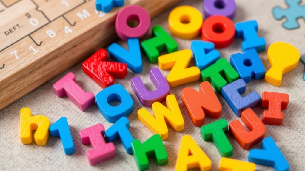 Bunte Holzbuchstaben liegen verstreut, ein Lernpuzzle für Kinder.