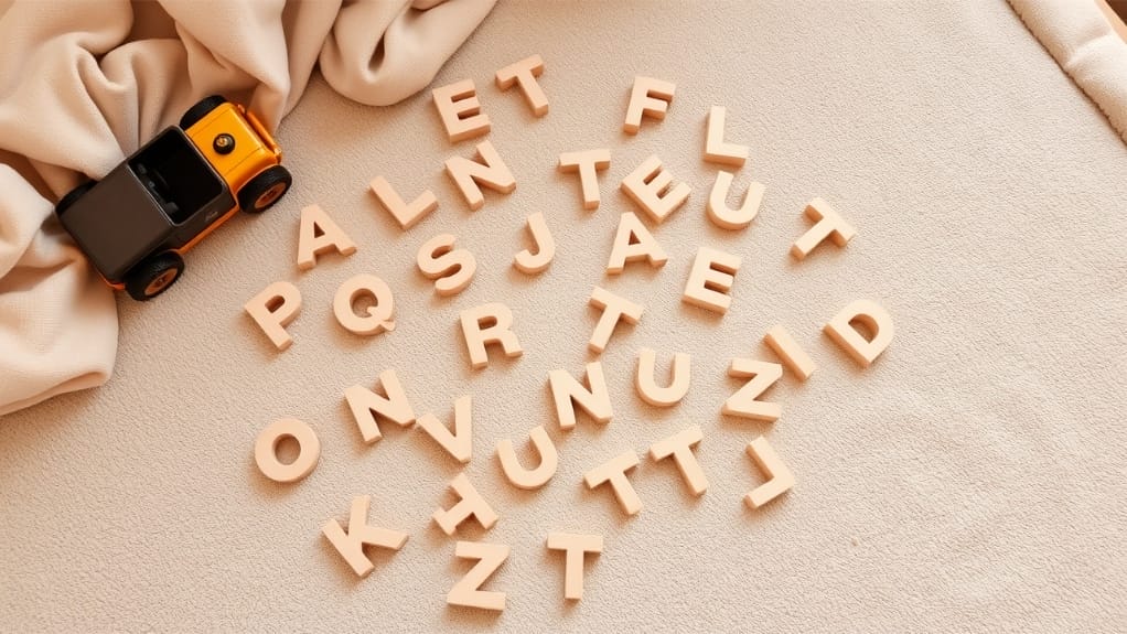 Holzbuchstaben-Puzzle und Spielzeugauto auf beiger Decke. Lernspielzeug für Kinder.