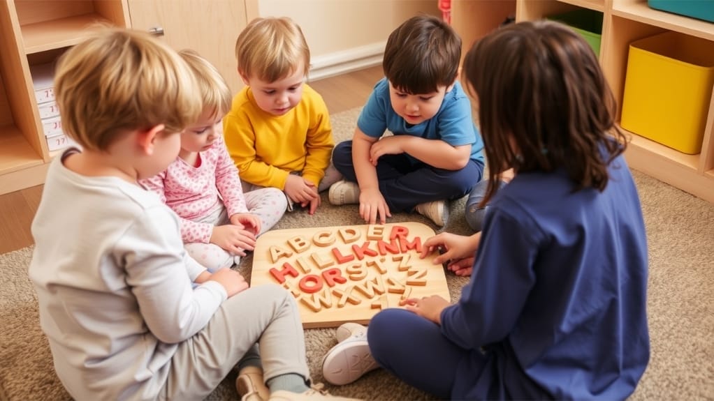 Kinder spielen mit einem Holz-Alphabet-Puzzle auf dem Teppich. Lernspielzeug.