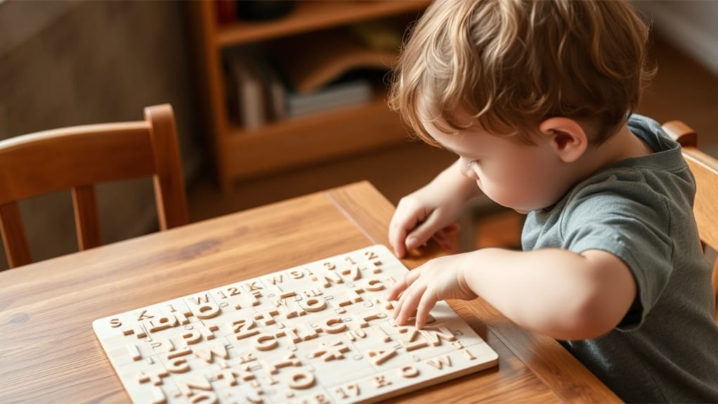 Kleinkind spielt mit Holz-Alphabet-Puzzle. Wertvolles Lernwerkzeug für Kinder.