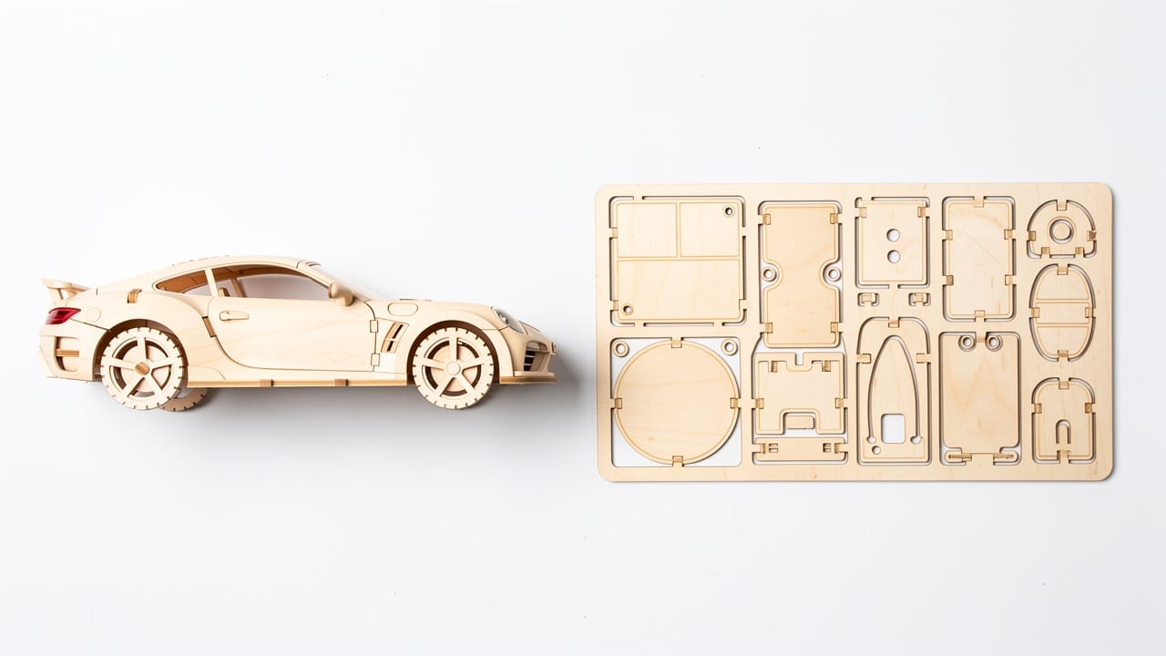 Holzbausatz eines Porsche-Modells neben den noch nicht ausgeschnittenen Teilen. Wie man ein 3D-Puzzle zusammenbaut.